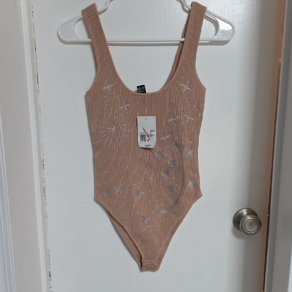 Forever 21 Pink Ribbed Bodysuit with Silver Accents